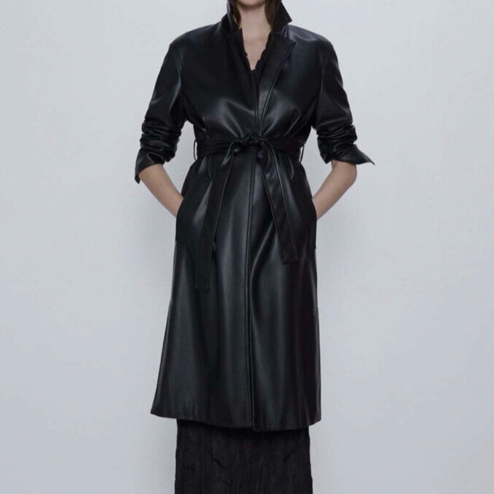 zara belted black faux leather jacket size xs